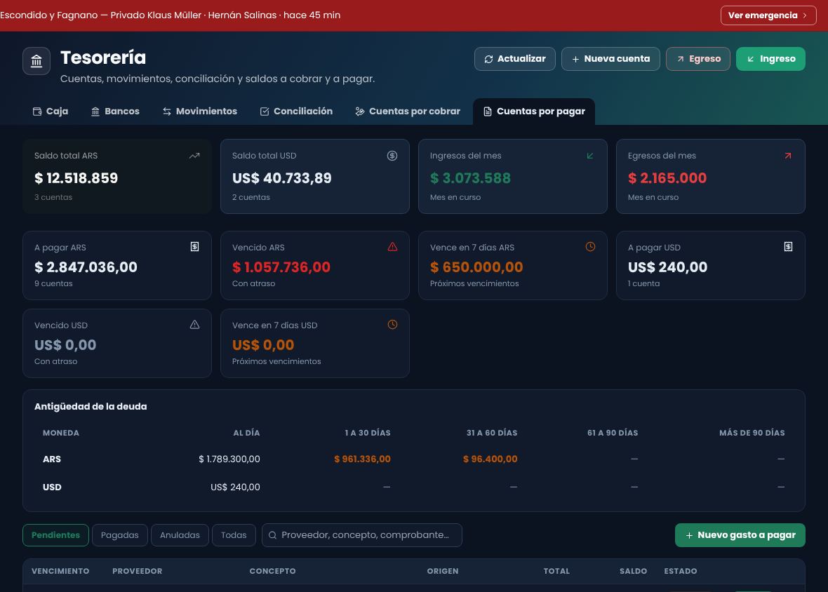 Pestaña Cuentas por pagar con los totales por moneda, la antigüedad de la deuda y la lista de pendientes