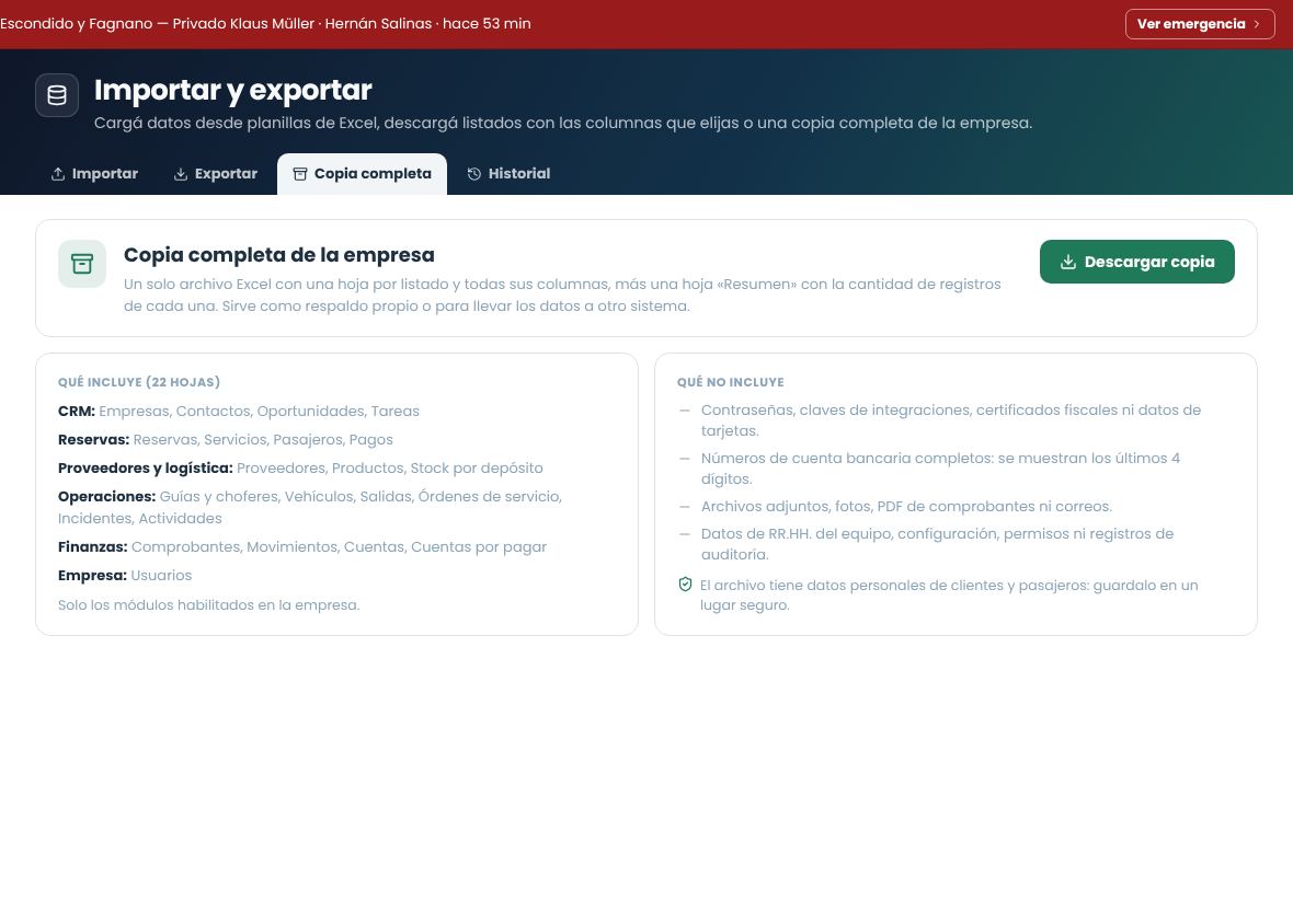 Pestaña Copia completa con lo que incluye y lo que no, y el botón Descargar copia