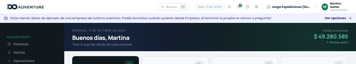 Franja superior que avisa que se están viendo datos de ejemplo