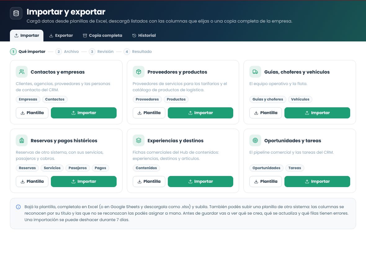 Pantalla Importar datos con las seis importaciones, cada una con su plantilla