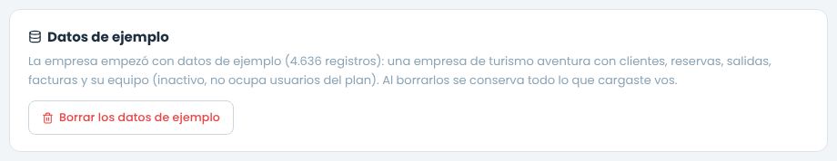 Bloque Datos de ejemplo en Empresa con el botón para borrarlos