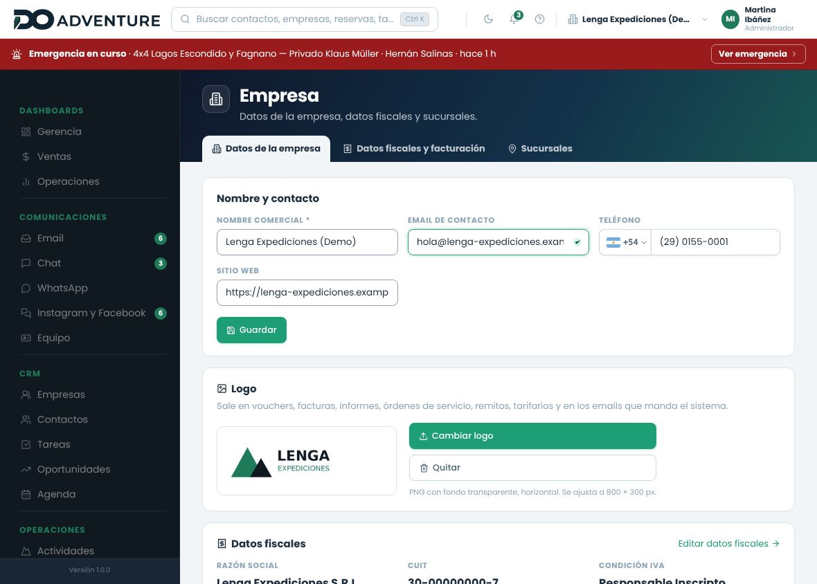 Pestaña Datos de la empresa con el logo, nombre y contacto, resumen fiscal y país y moneda