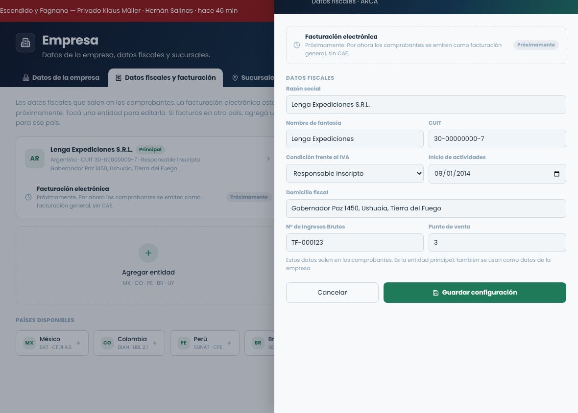 Ficha de la entidad legal con razón social, CUIT, condición frente al IVA, domicilio, Ingresos Brutos y punto de venta