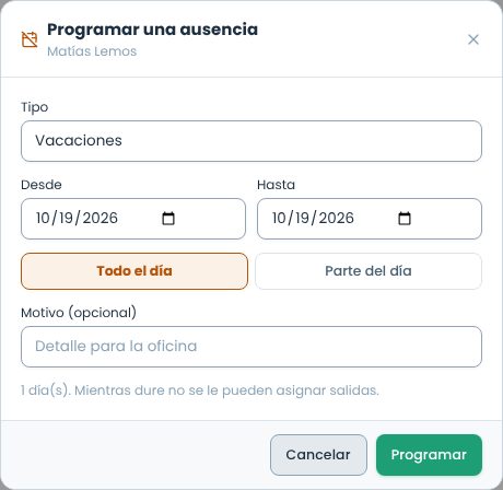 Ventana Programar una ausencia con tipo, desde, hasta, todo el día o parte del día y motivo
