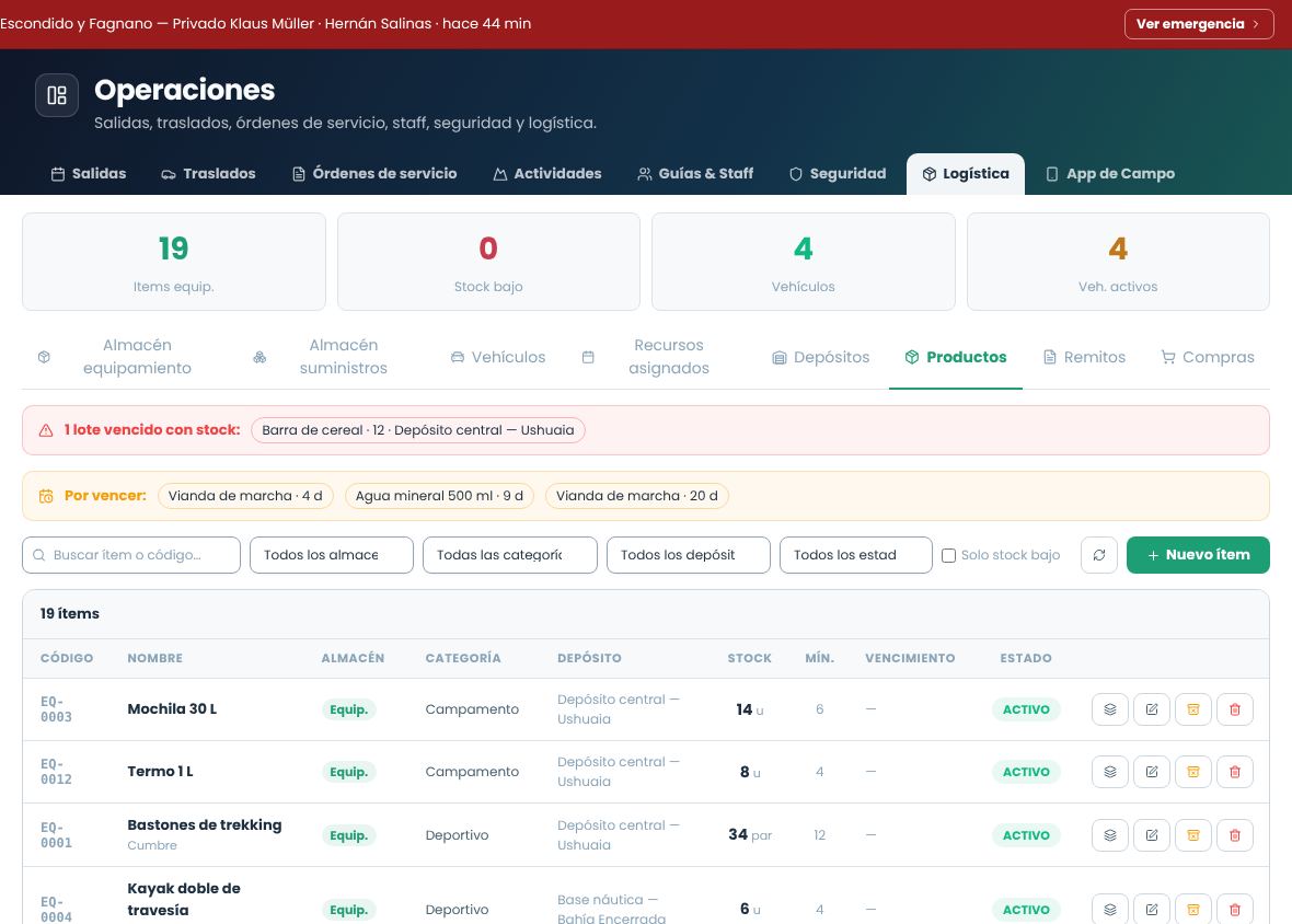 Lista de productos de logística con código, almacén, categoría, depósito y stock