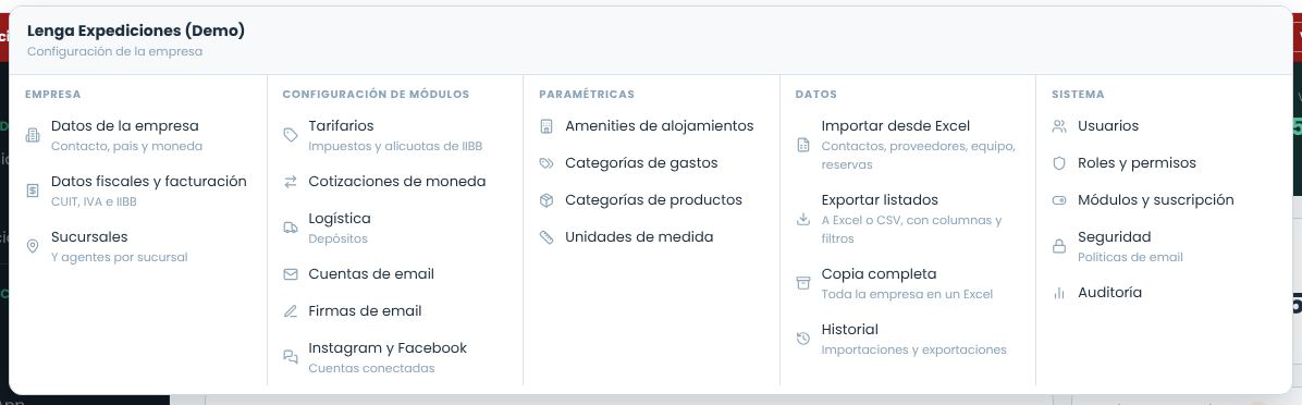 Menú de la empresa en cinco columnas: Empresa, Configuración de módulos, Paramétricas, Datos y Sistema