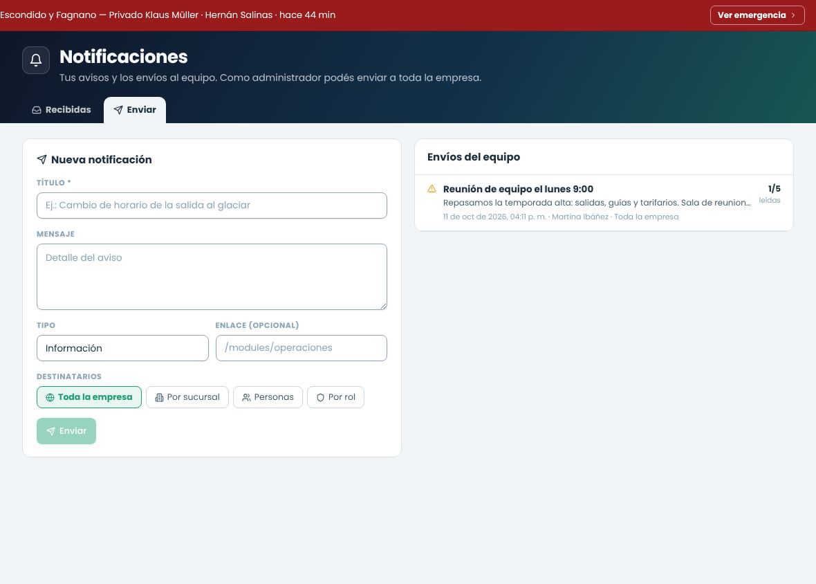 Consola de notificaciones con el formulario de envío y la lista de envíos del equipo