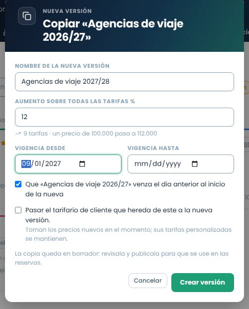 Ventana Nueva versión con nombre, aumento del 12 %, vigencia y opciones