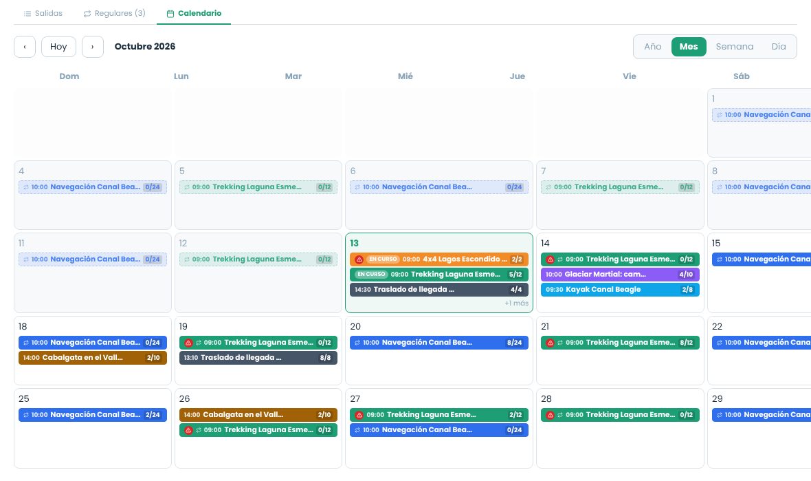 Calendario mensual de salidas con el día de hoy resaltado