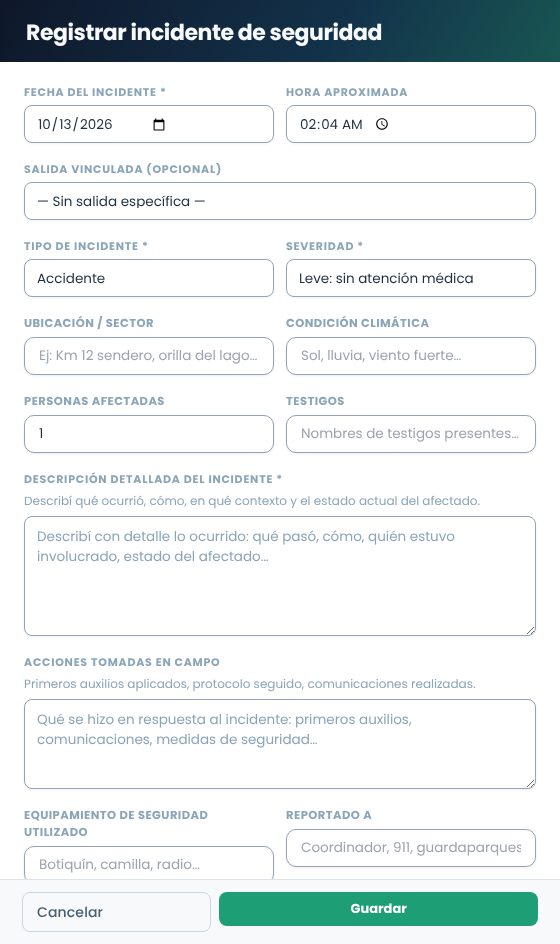 Formulario Registrar incidente de seguridad con fecha, salida, tipo, severidad, ubicación, clima, personas, testigos, descripción y acciones