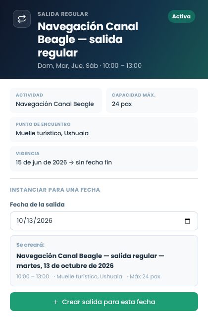 Panel de una salida regular con la fecha elegida y el botón Crear salida para esta fecha