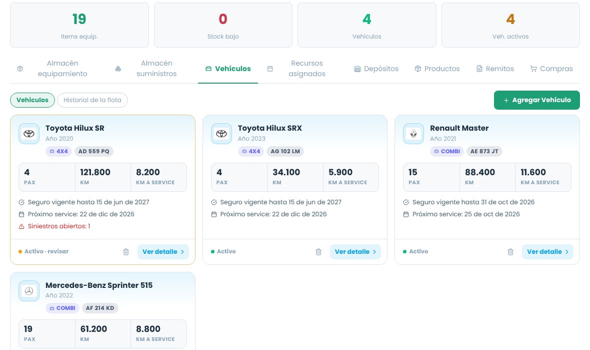 Tarjetas de vehículos con plazas, kilometraje, km a service, seguro, próximo service y un siniestro abierto