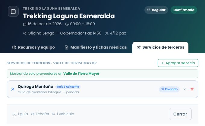 Servicios de terceros de una salida con un guía externo en estado Enviado