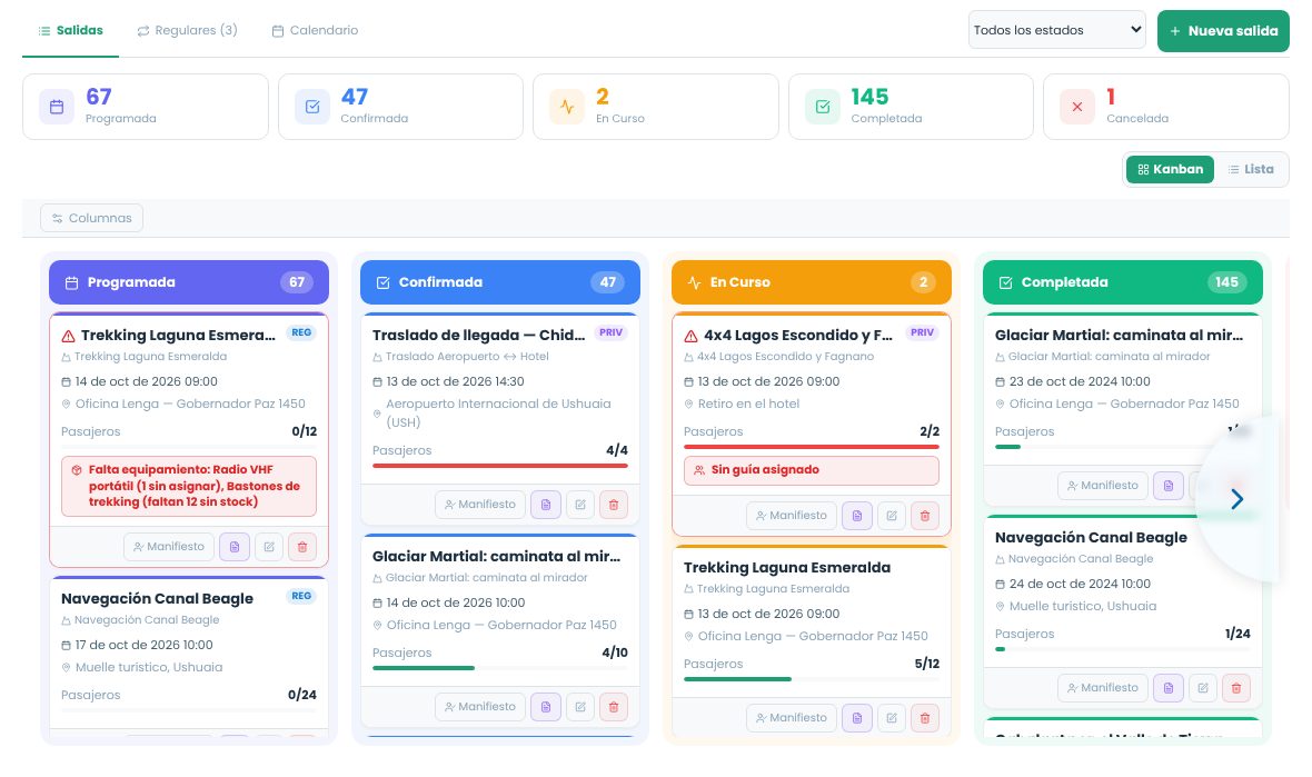 Tablero de salidas con columnas Programada, Confirmada, En curso y Completada, y tarjetas con faltantes en rojo