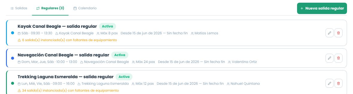 Lista de salidas regulares con días, horario, cupo, vigencia y cantidad de fechas con faltantes
