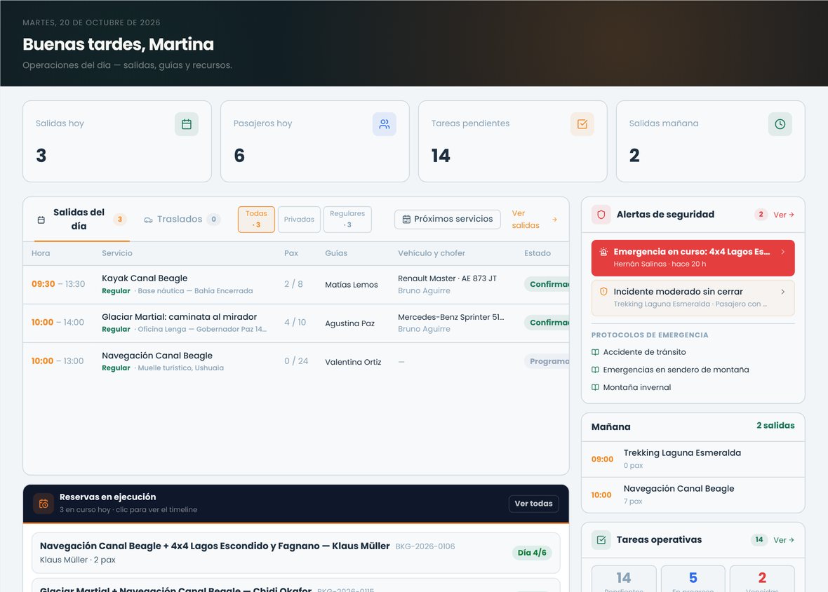 Tablero de operaciones con indicadores del día, salidas del día con el botón Próximos servicios, alertas de seguridad y salidas de mañana
