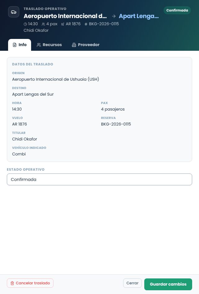 Panel del traslado, pestaña Info, con origen, destino, vuelo, reserva y estado operativo