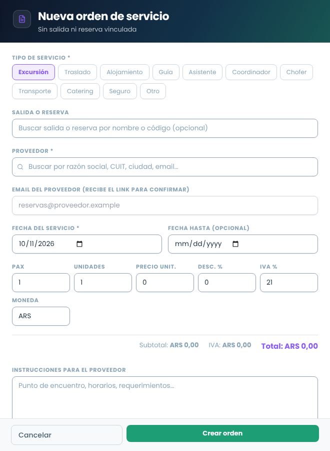 Formulario de nueva orden de servicio