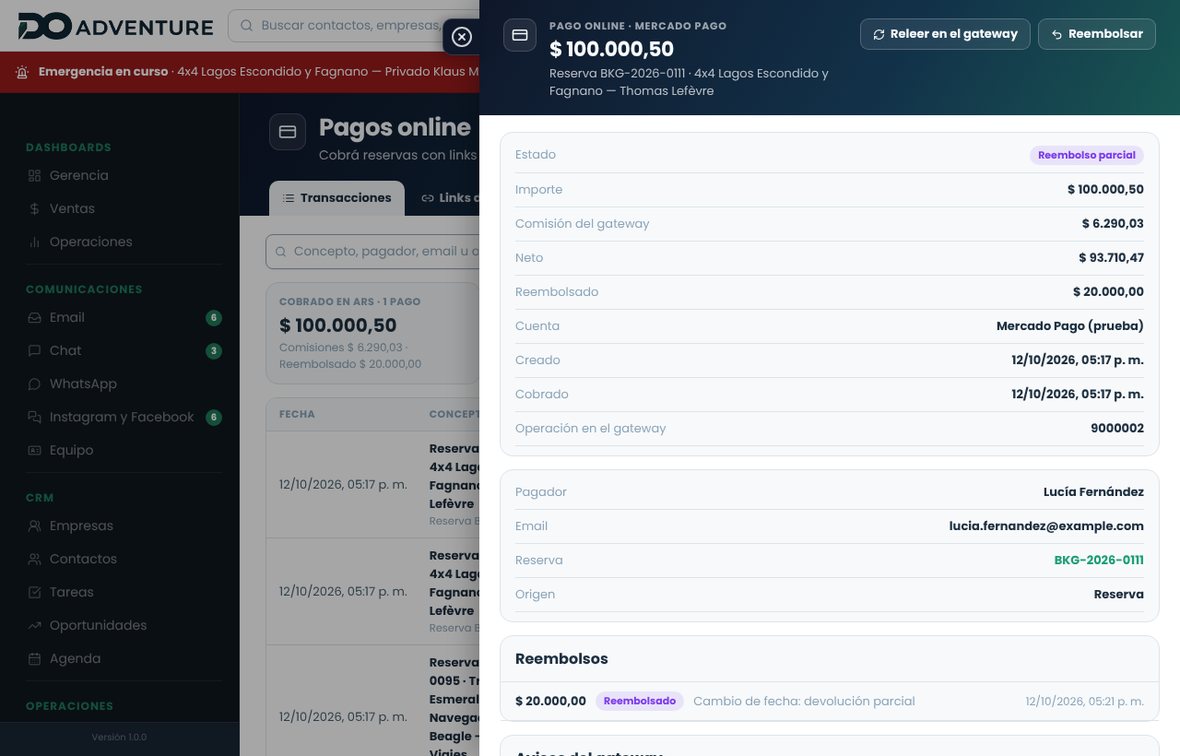 Detalle de un pago con estado, importes, comisión, neto, pagador, reembolsos y avisos del gateway