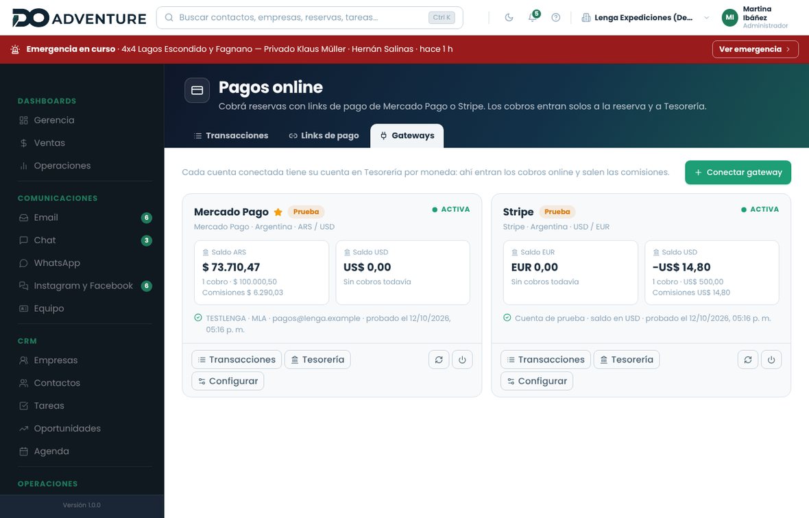 Gateways conectados: Mercado Pago y Stripe con el saldo en Tesorería por moneda, cobros y comisiones