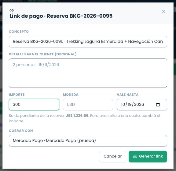 Ventana Link de pago de una reserva con concepto, importe, moneda, vencimiento y cuenta de cobro