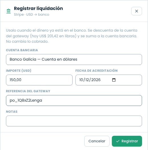 Ventana Registrar liquidación con cuenta bancaria, importe, fecha de acreditación, referencia y notas