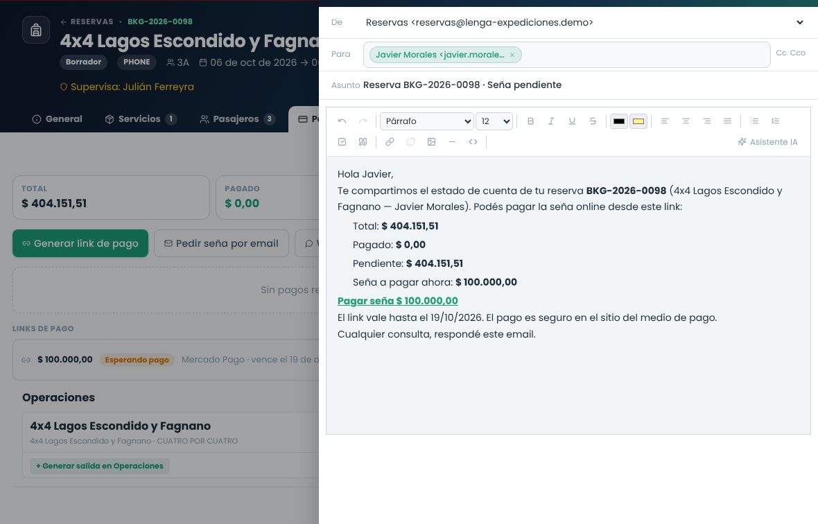 Redactor de email con el estado de cuenta de la reserva y el enlace Pagar seña