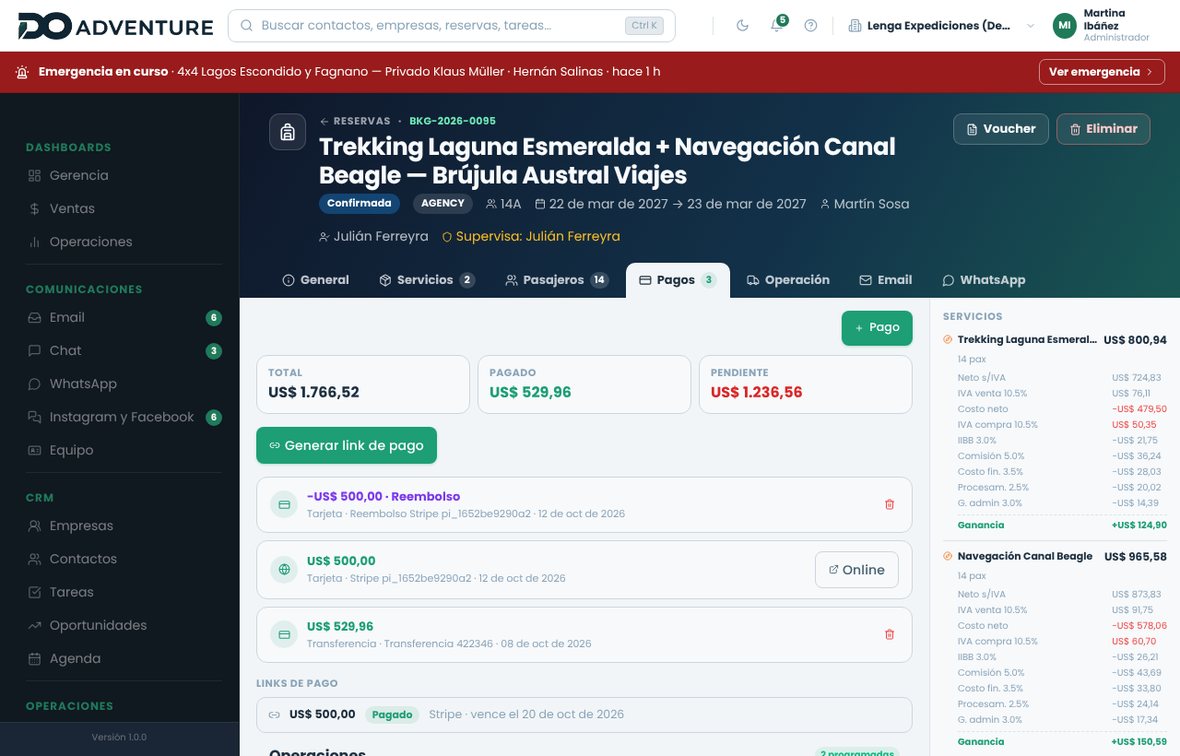Pestaña Pagos de la reserva con total, pagado y pendiente, el botón Generar link de pago, los pagos y los links