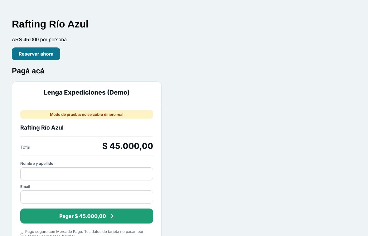 Sitio web de ejemplo con el botón Reservar ahora y el formulario de pago embebido