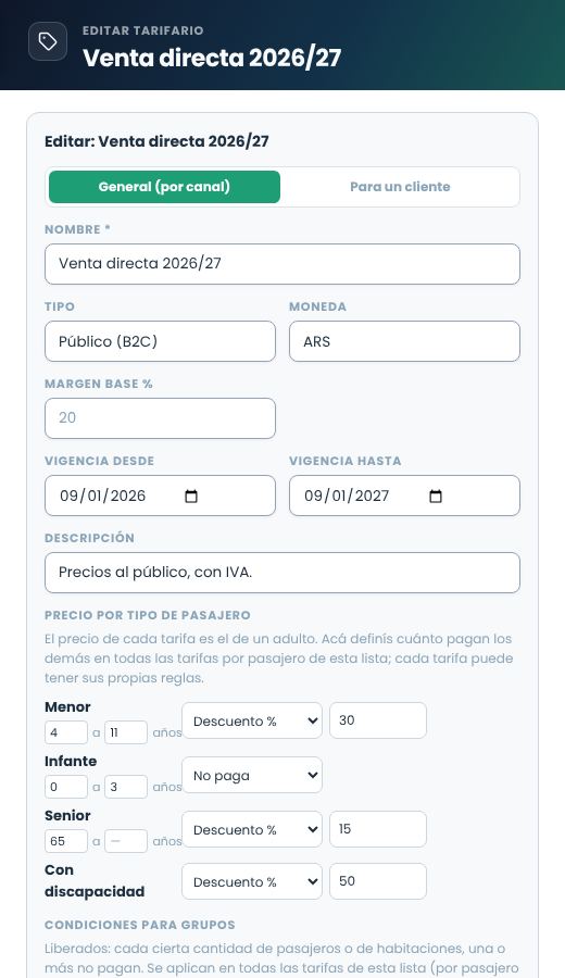 Formulario del tarifario con la sección Precio por tipo de pasajero