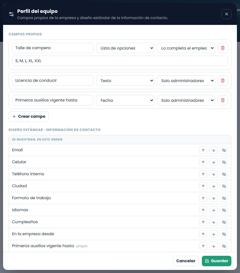 Configuración del perfil del equipo con campos propios y el diseño estándar