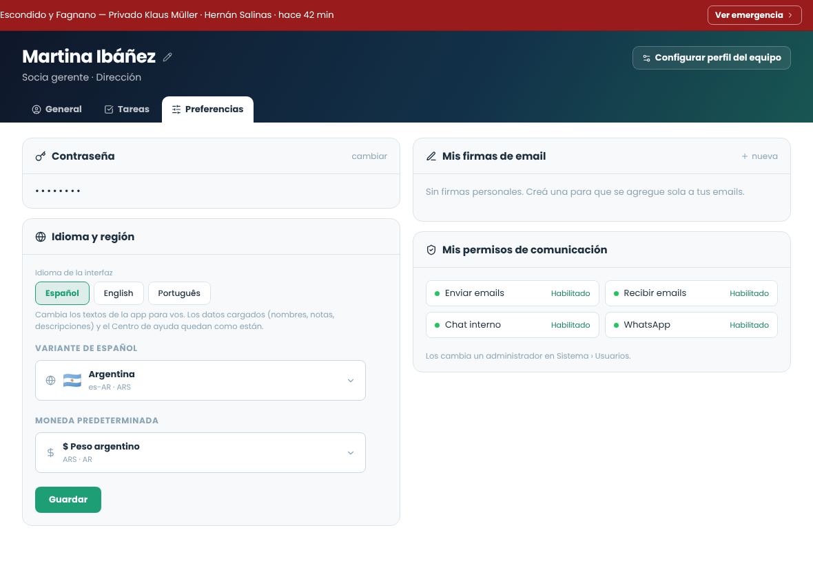 Mi perfil, pestaña Preferencias con contraseña, idioma y región, firmas y permisos de comunicación