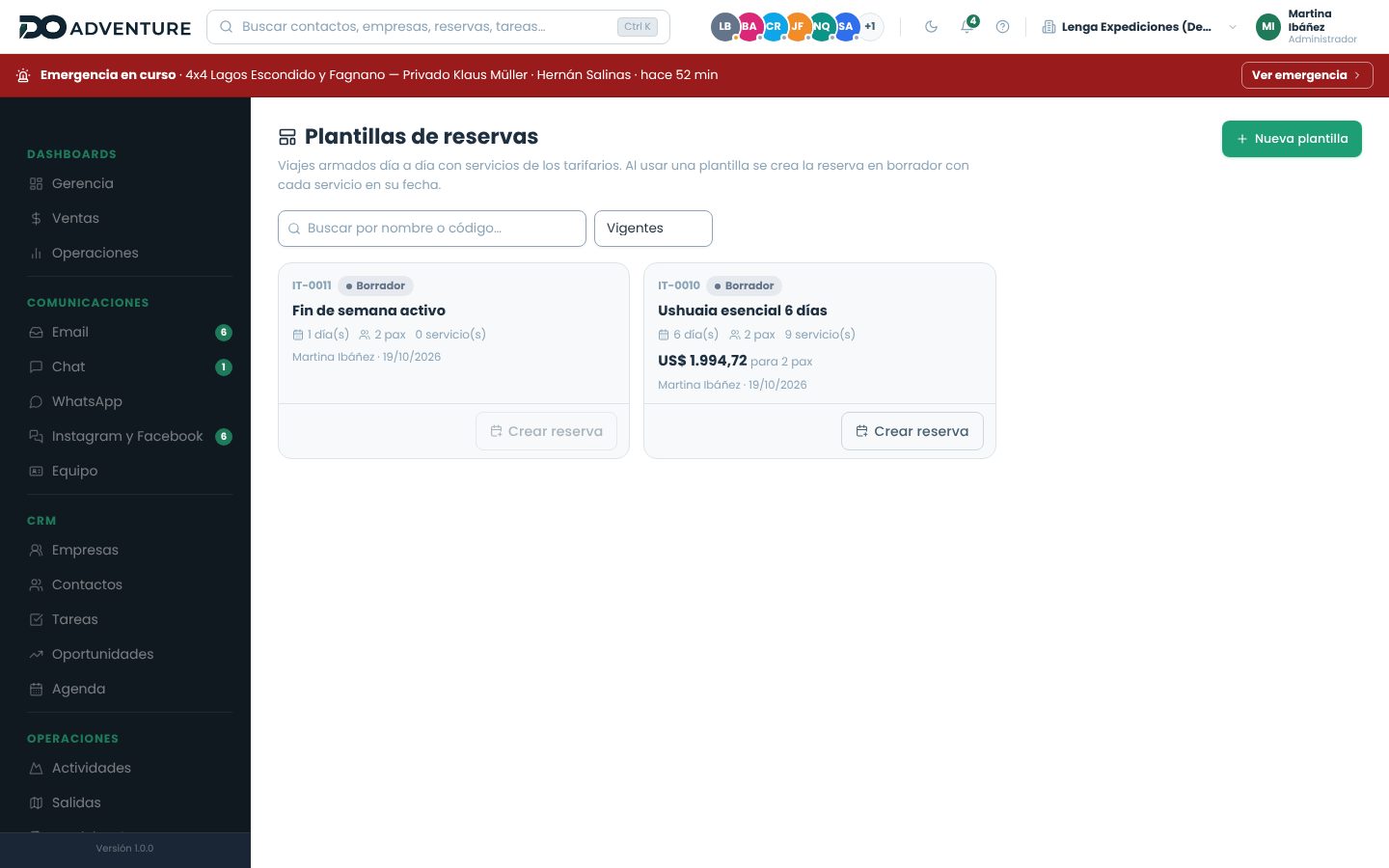 Lista de plantillas de reservas con días, pasajeros, servicios, total y el botón Crear reserva