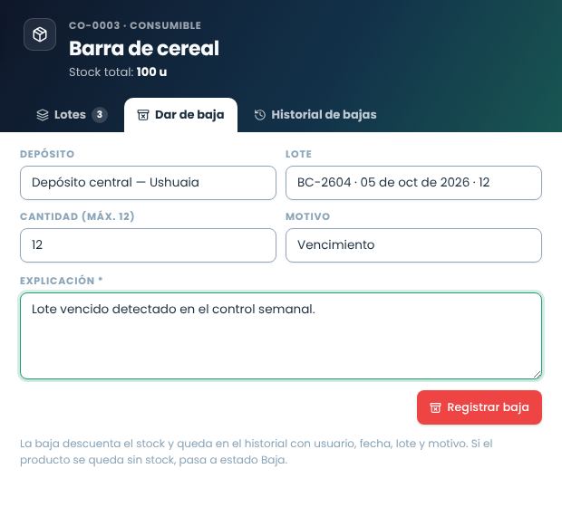 Formulario de baja con depósito, lote, cantidad, motivo y explicación