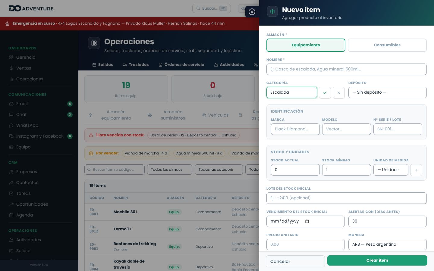 Alta de producto creando la categoría Escalada desde el mismo formulario