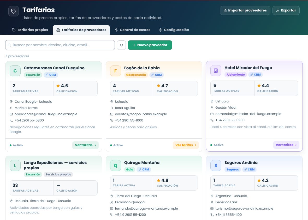 Tarjetas de proveedores con tipo, CRM, tarifas activas, calificación y datos de contacto