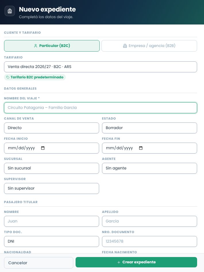 Formulario Nuevo expediente con tipo de cliente, tarifario, datos generales y titular
