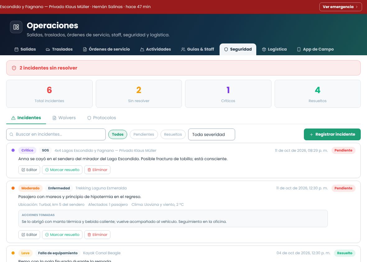 Lista de incidentes con buscador, filtros y acciones de editar, resolver y eliminar