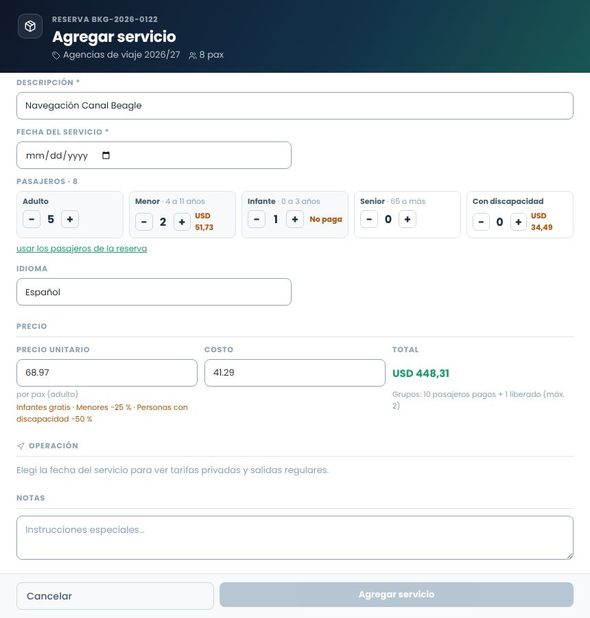 Panel Agregar servicio con el detalle de pasajeros por tipo y el total