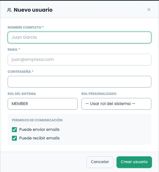 Formulario Nuevo usuario con nombre, email, contraseña, rol del sistema, rol personalizado y permisos de comunicación