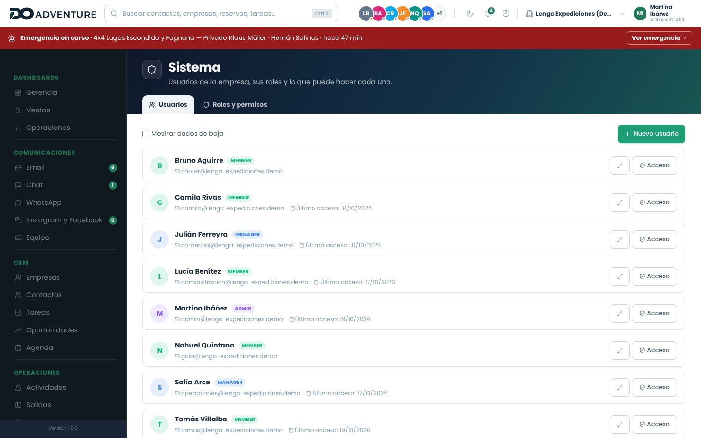 Lista de usuarios de Sistema con el filtro Mostrar dados de baja, un usuario dado de baja y el botón Acceso de cada uno