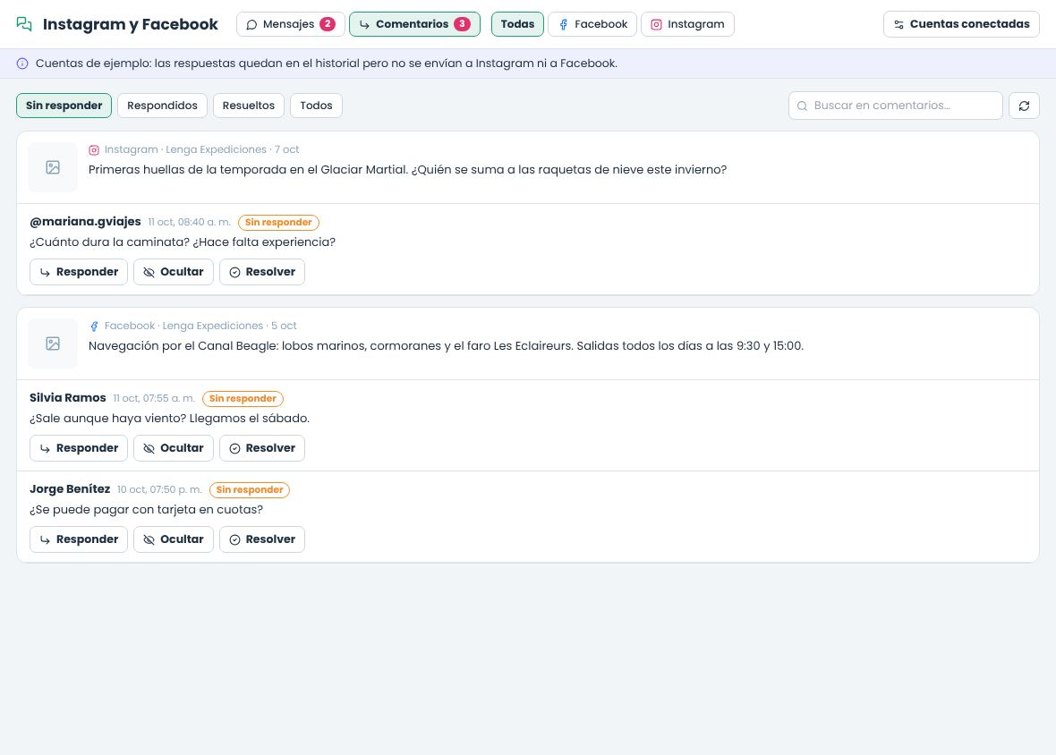 Comentarios sin responder agrupados por publicación de Instagram y Facebook