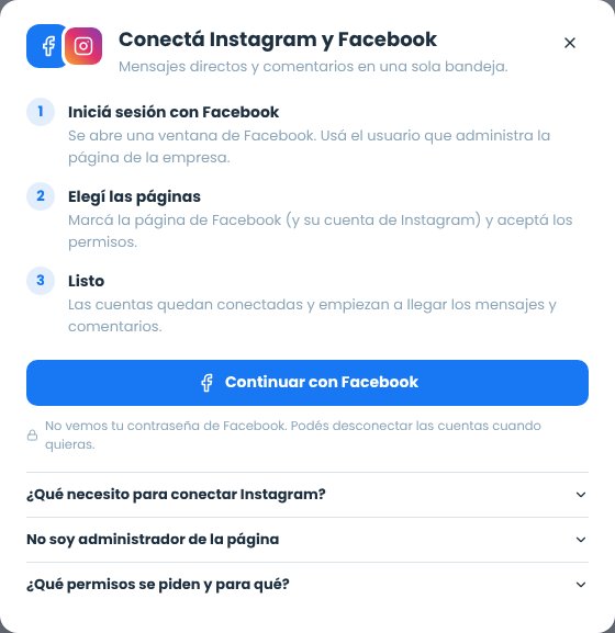 Ventana guiada para conectar Instagram y Facebook con los tres pasos y el botón Continuar con Facebook