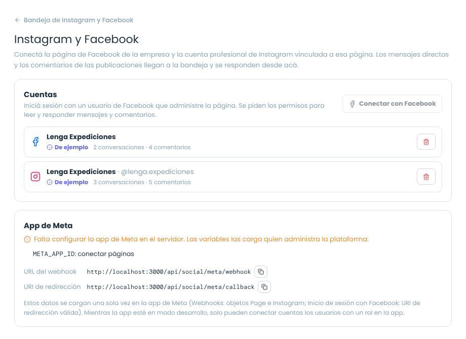 Configuración de Instagram y Facebook con las cuentas de la empresa y los datos de la app de Meta