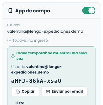 Bloque App de campo con el interruptor activado y la clave temporal con los botones Copiar y Enviar por email