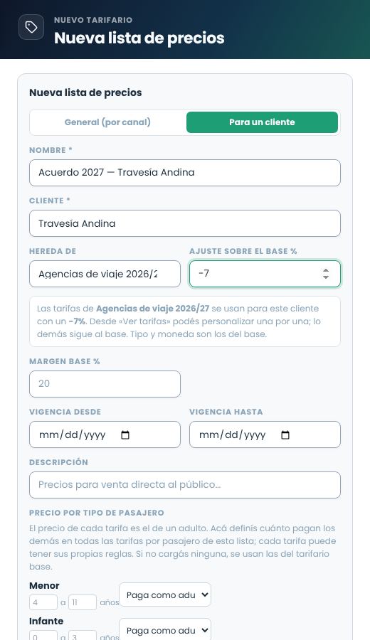 Formulario de nuevo tarifario para un cliente con cliente, tarifario base y ajuste