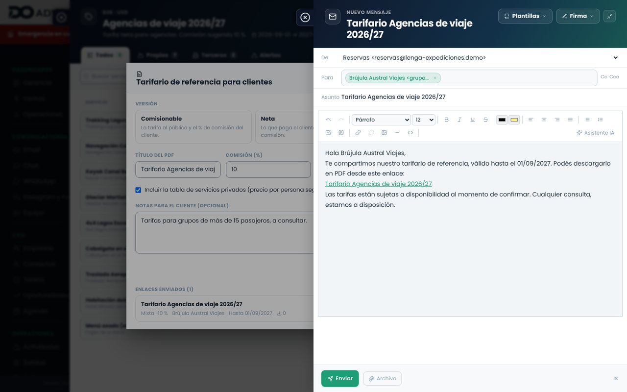 Redactor de email con el asunto del tarifario, el cliente como destinatario y el enlace de descarga en el cuerpo