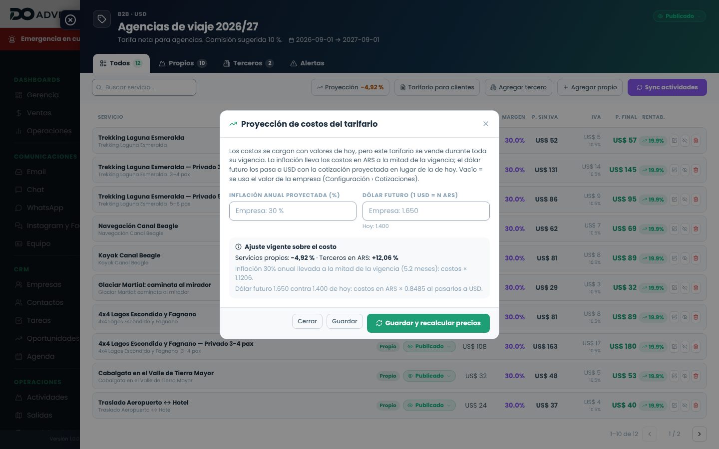Ventana Proyección de costos del tarifario con la inflación y el dólar futuro de la empresa y el ajuste vigente