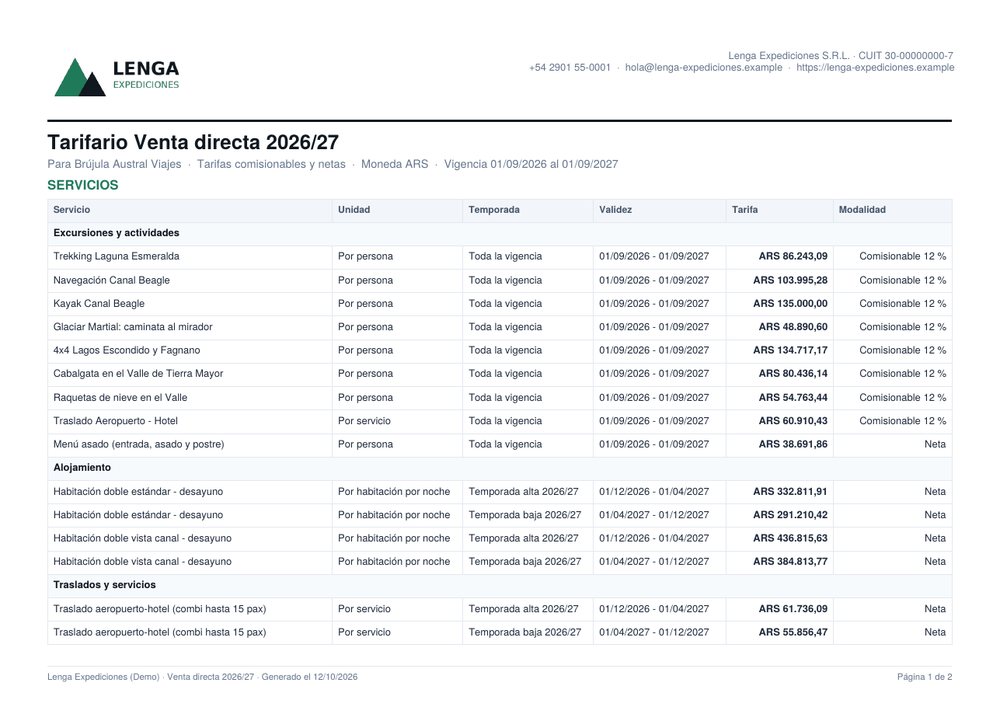 Primera página del PDF del tarifario Venta directa para Brújula Austral Viajes con el logo y la tabla de servicios por temporada