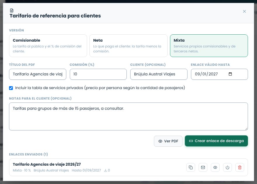 Ventana Tarifario de referencia para clientes con versión Mixta, comisión 10 %, cliente Brújula Austral Viajes, vencimiento, notas y un enlace creado